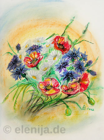 Flockenblumen, Kamillen und Mohn, von Elenija
